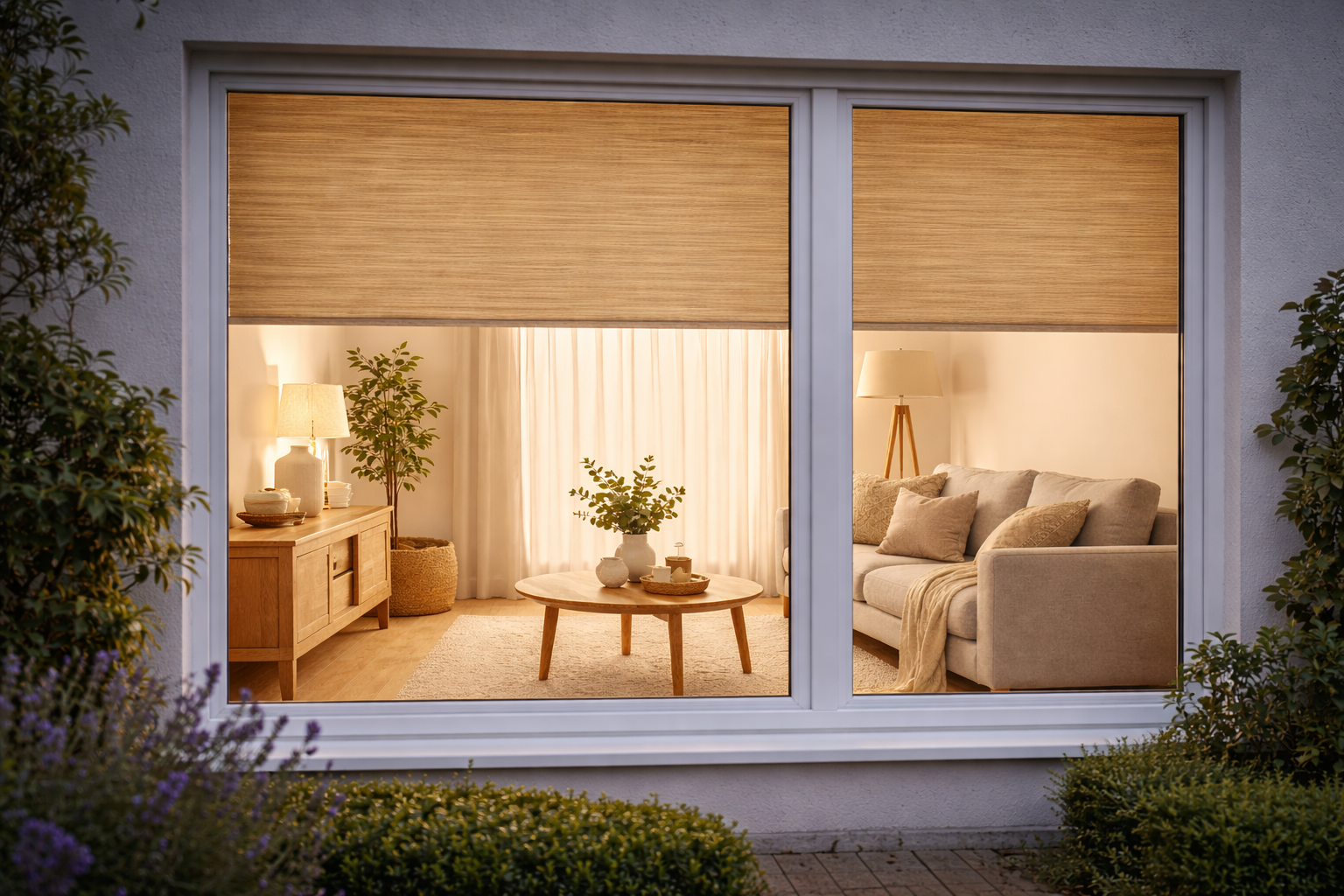 Houtlook rolgordijn in woonkamer van buitenaf