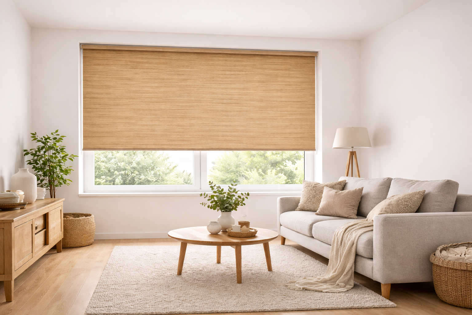 houtlook rolgordijn in een Scandinavische woonkamer